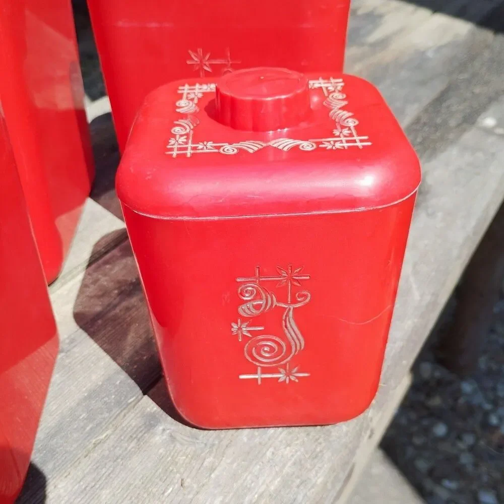 Four Vintage Lustro Ware Canister Set Mid Century Red Plastic Lids Flour Sugar +